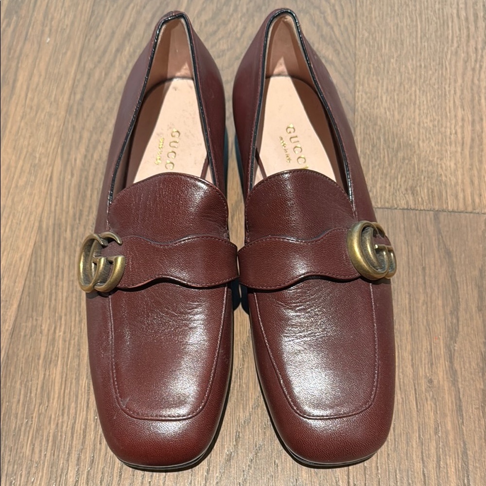 Gucci Burgundy Leather Loafers with Brass Accent